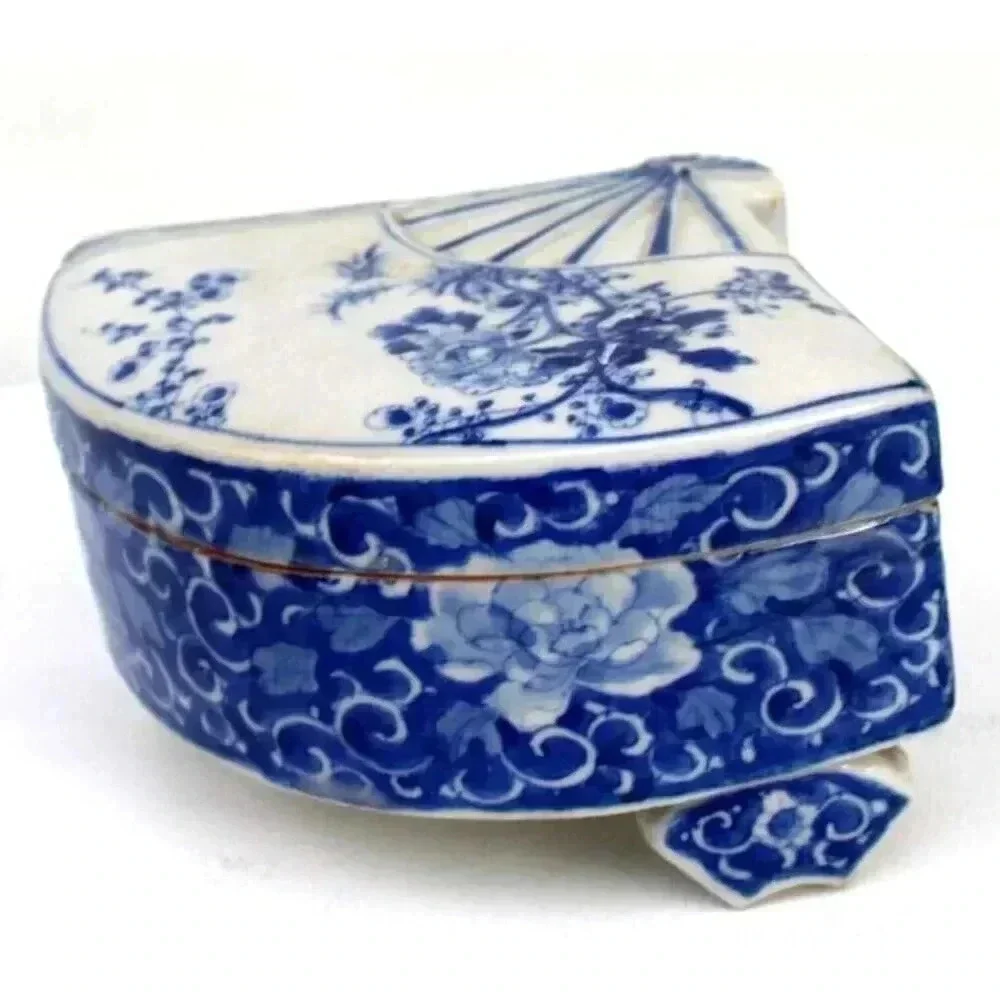 Vintage Antique Porcelain Asian Japanese Asahi Fan Trinket Footed Jewelry Box